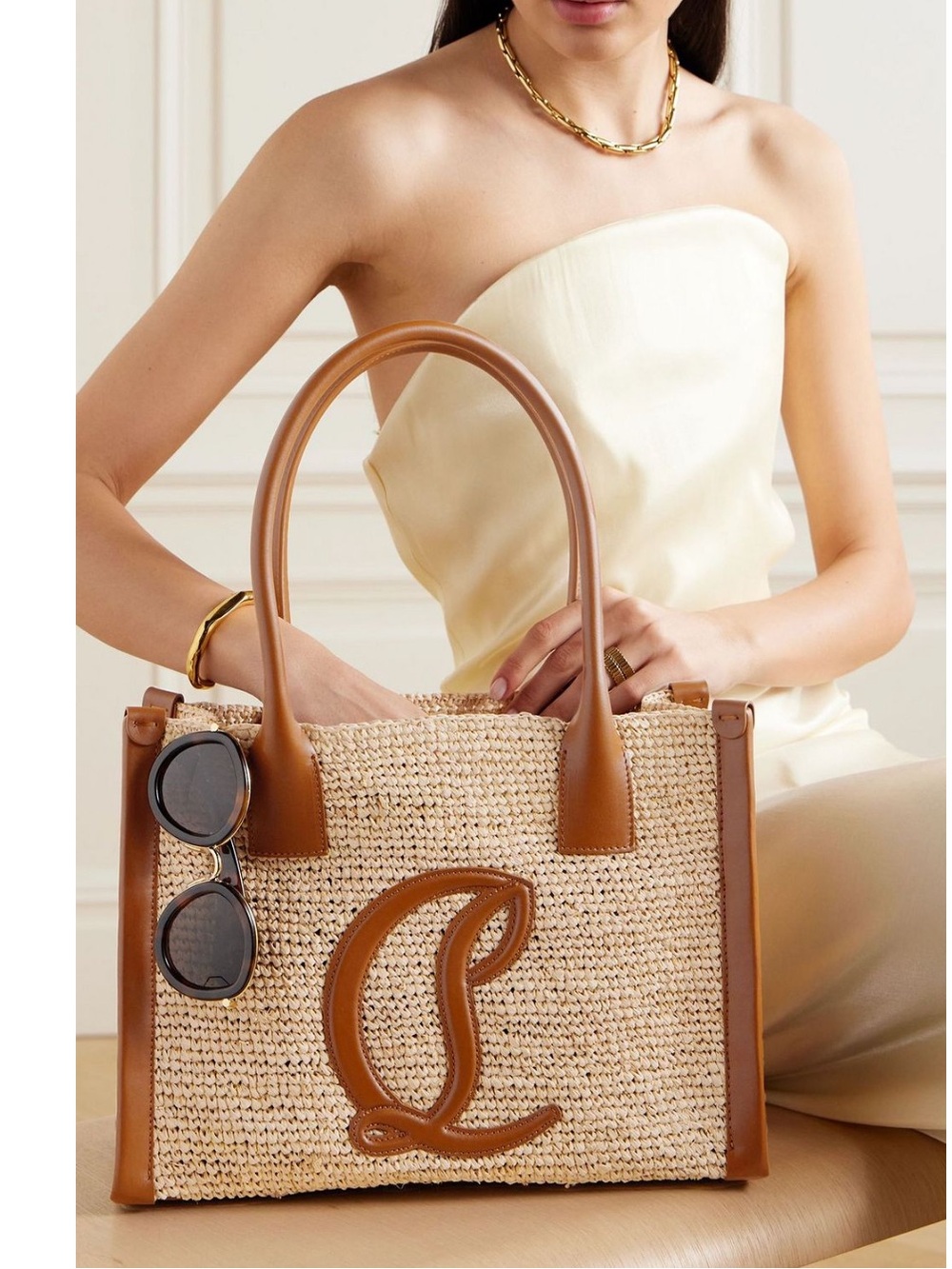 CHRISTIAN LOUBOUTIN BY MY SIDE SMALL LEATHER TRIMMED RAFFIA TOTE W/LEATHER POUCH